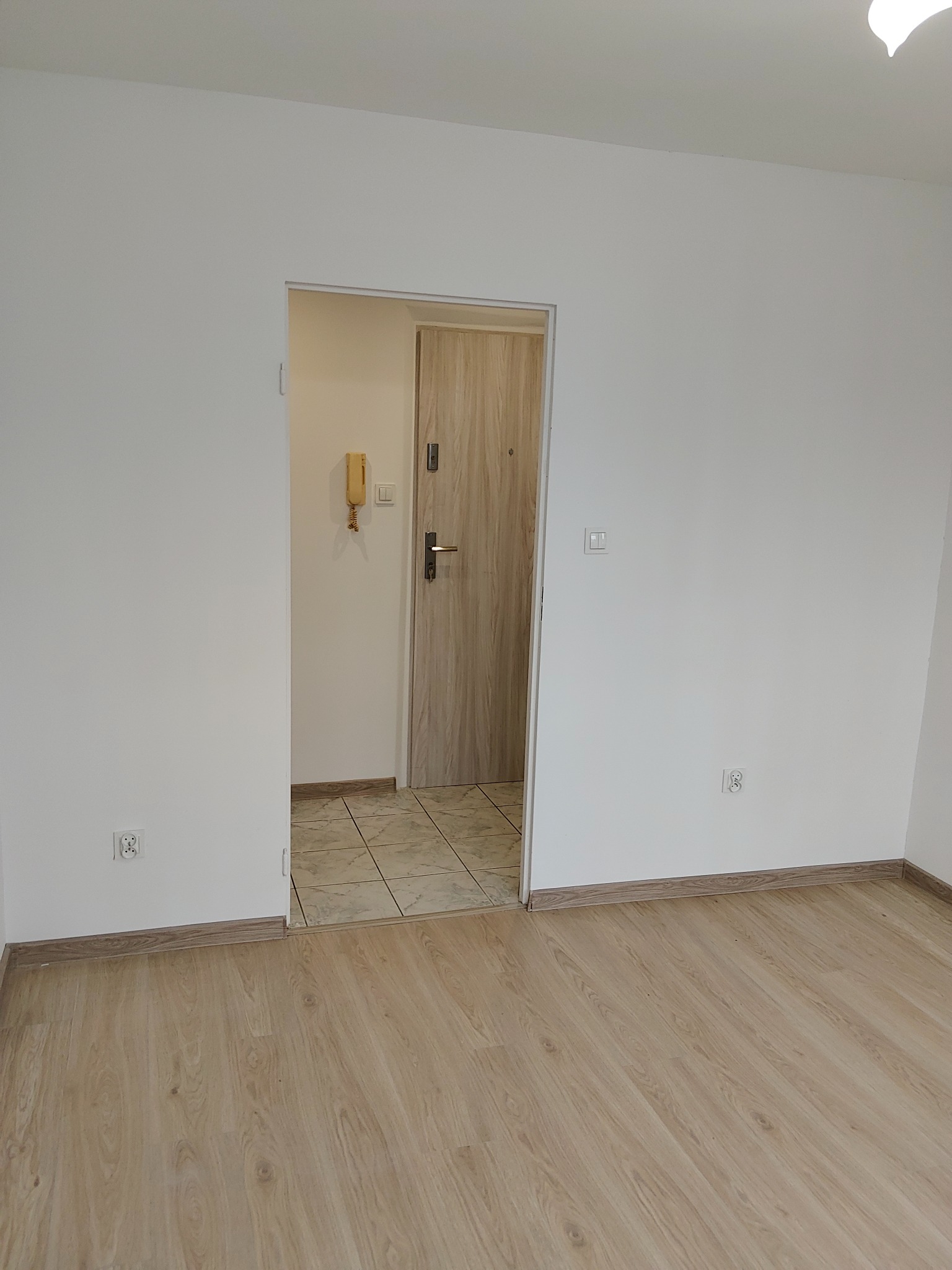 Pusty pokój z panelami podłogowymi i białymi ścianami. Widoczne drzwi wejściowe z ościeżnicą i fragment korytarza z płytkami. Nowe wykończenie wnętrza.