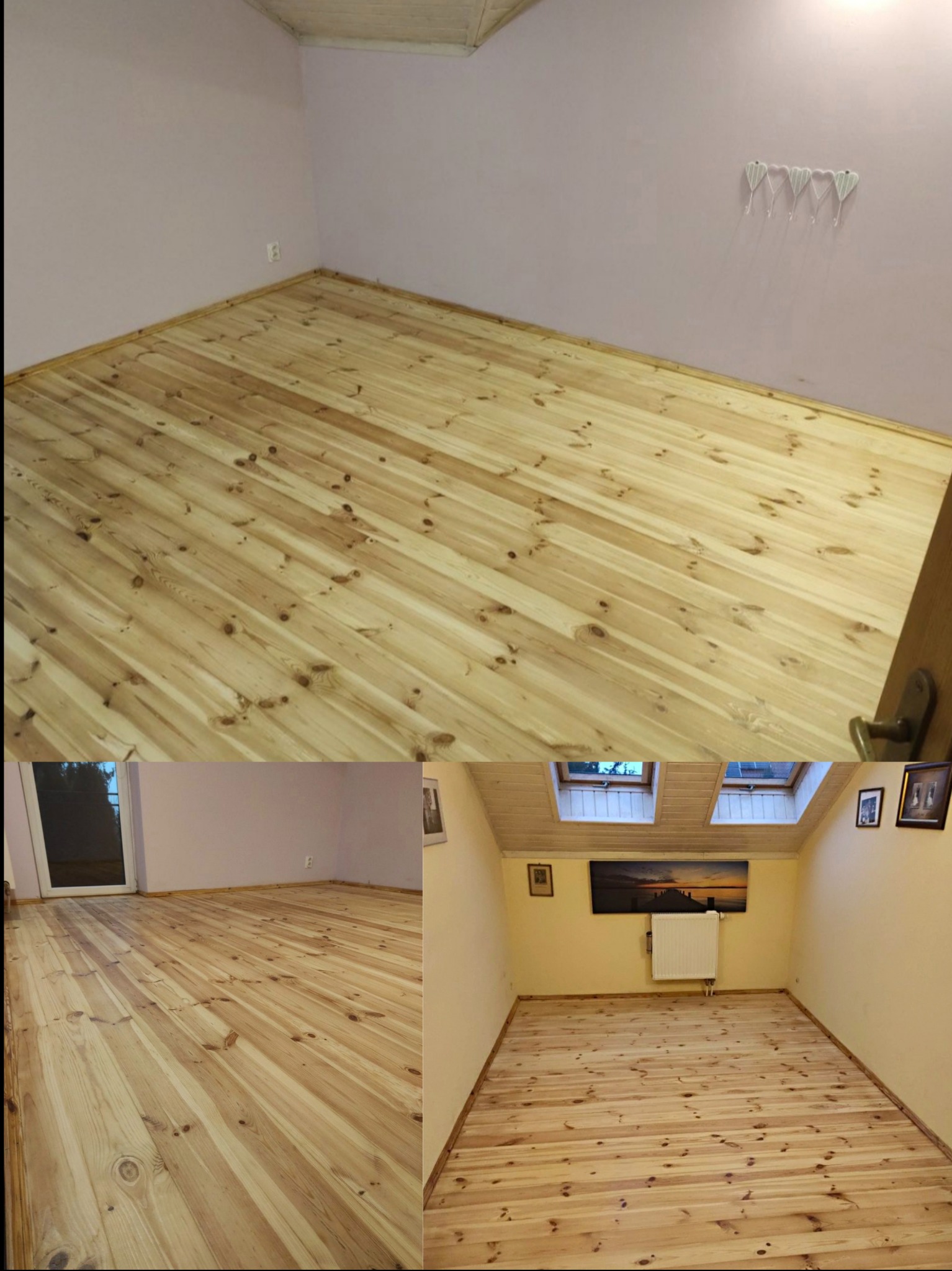 Jasna, drewniana podłoga po renowacji w pokoju z pastelowymi ścianami. Widoczne detale wykończenia i naturalne usłojenie drewna. Ujęcie z różnych perspektyw.