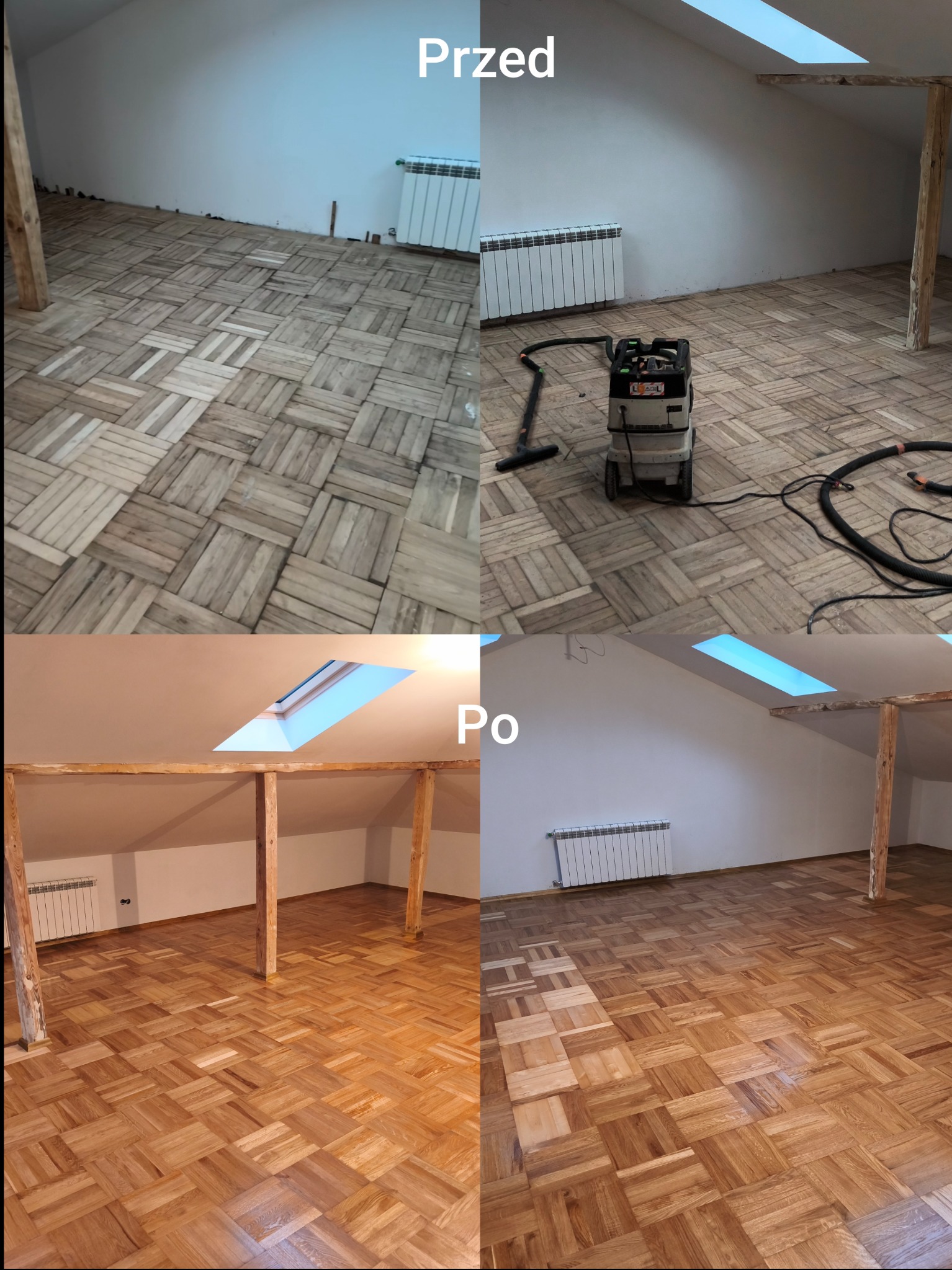 Parkiet w jodełkę przed i po renowacji w poddaszowym pokoju z oknem dachowym. Na zdjęciu widoczna maszyna do czyszczenia parkietu.