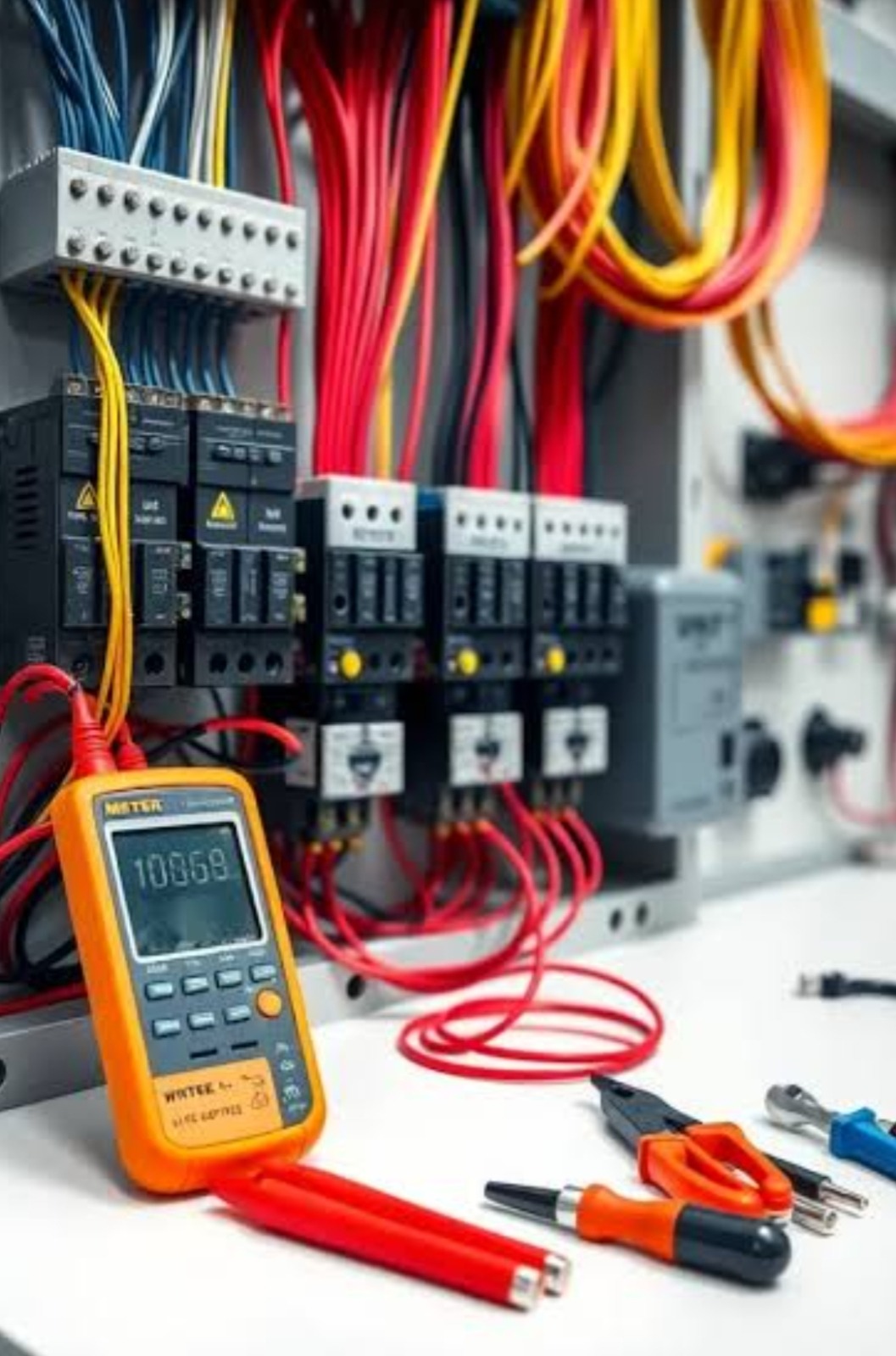 Panel elektryczny z kolorowymi kablami i miernikiem cyfrowym. Widoczne narzędzia: kombinerki i śrubokręty. Białe tło, ostre światło.