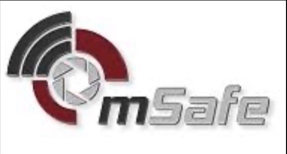 Graficzne logo 'mSafe' z elementami symbolizującymi monitoring: fale radiowe i obiektyw kamery, w kolorach czerni, czerwieni i szarości, na białym tle.