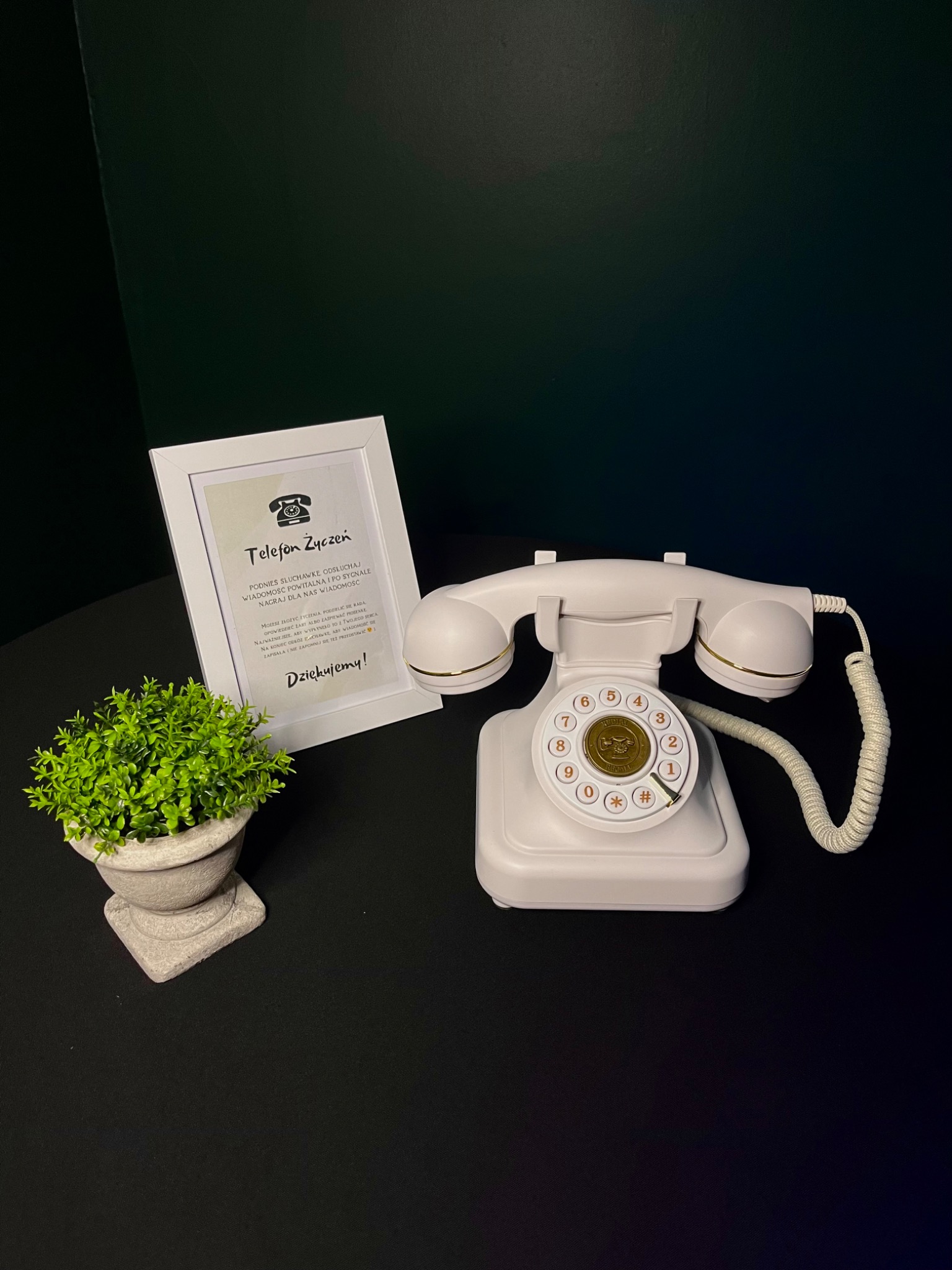Retro telefon w kolorze ecru z dekoracyjnym złotym akcentem, obok ramka z napisem 'Telefon Życzeń' i mała roślina doniczkowa na czarnym tle.