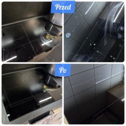 Czyściutko Prudnik - Cztery kadry: płyta indukcyjna przed i po czyszczeniu. Widoczne zabrudzenia i plamy usunięte, powierzchnia lśniąca. Układ 'przed' u góry, 'po' na dole.