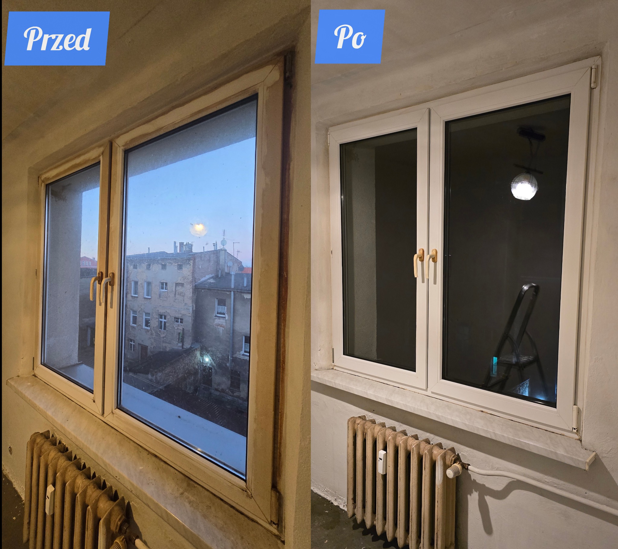 Zdjęcie okna przed i po remoncie. Po lewej stronie stare okno z brudnymi ramami, po prawej nowe, białe okno. Widoczny grzejnik i fragment budynku za oknem.