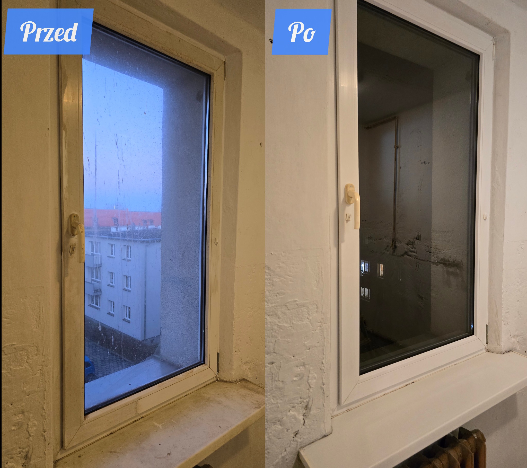Okno PCV przed i po umyciu, widok na budynek z czerwonym dachem. Po prawej czysta szyba, po lewej brudna. Białe ramy okienne, parapet z grzejnikiem.