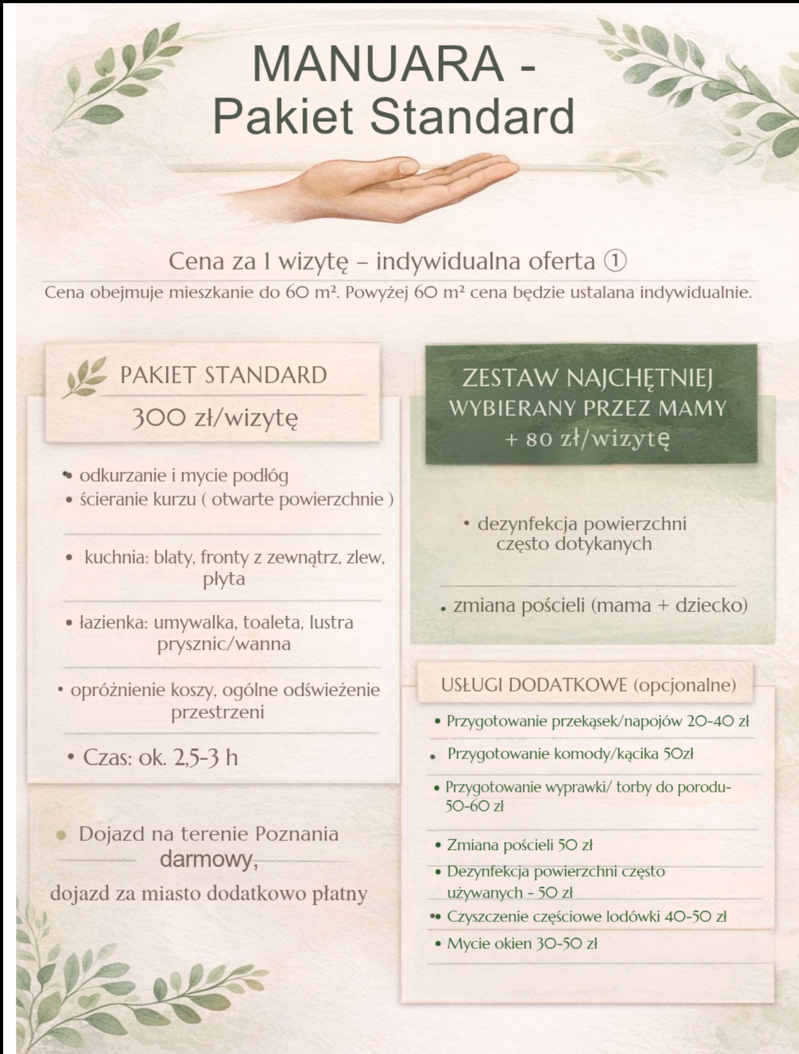 Grafika z ofertą pakietów sprzątania: Standard (300 zł) i dla Mamy (+80 zł), obejmujących odkurzanie, mycie podłóg, dezynfekcję i inne usługi. Darmowy dojazd w Poznaniu.