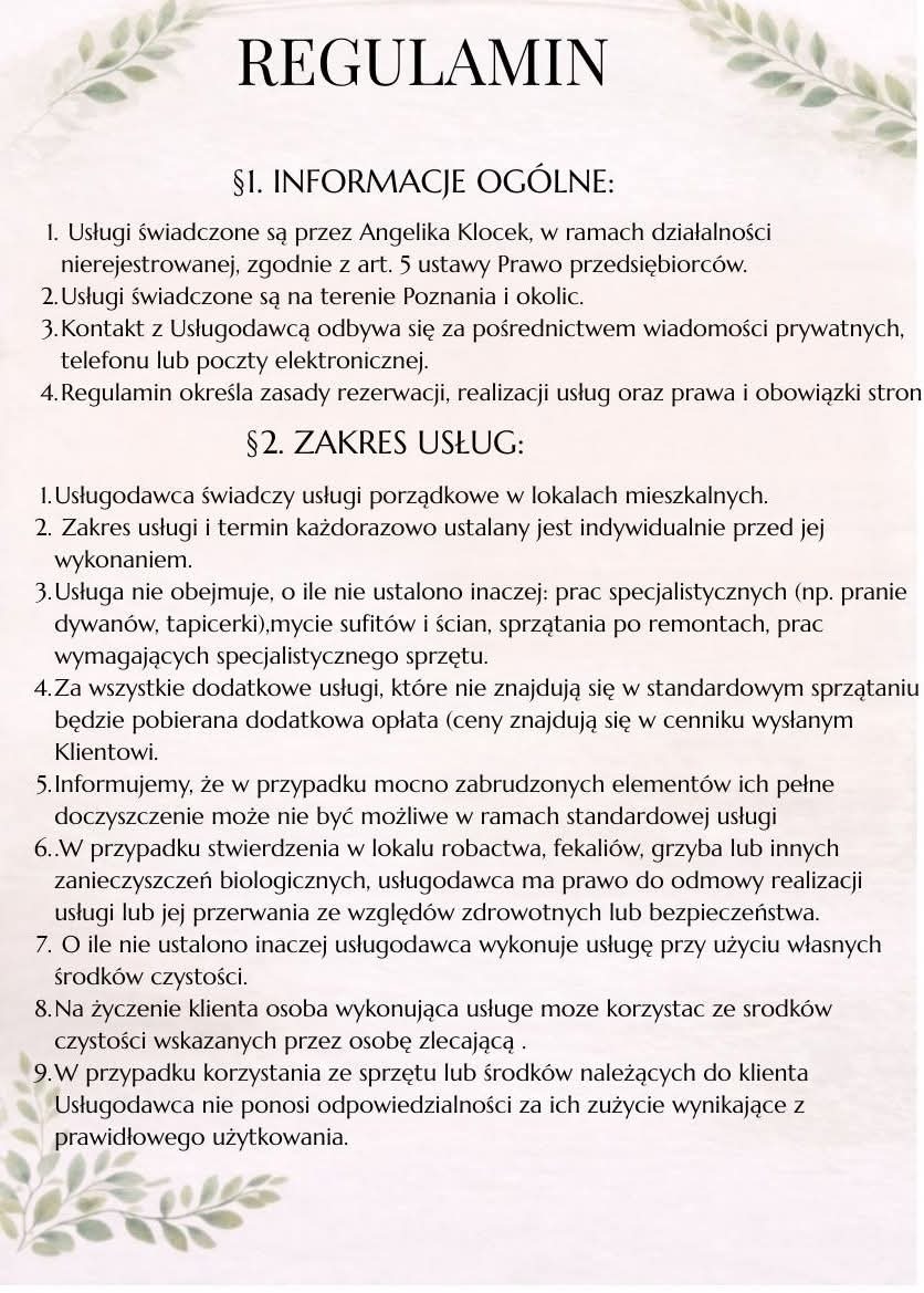 Regulamin usług sprzątania, informujący o zakresie prac porządkowych, wyłączeniach (np. pranie dywanów) i zasadach dodatkowych opłat. Zawiera dane kontaktowe.
