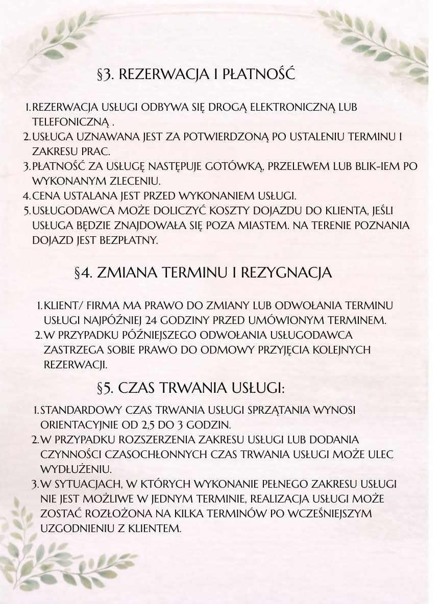 Informacja o rezerwacji i płatności za usługę sprzątania, z uwzględnieniem czasu trwania i możliwości zmiany terminu. Tekst na jasnym tle z delikatnym motywem roślinnym.