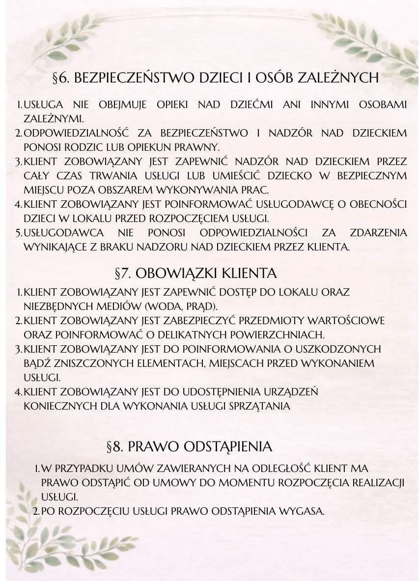 Dokument z informacjami dla klienta dotyczącymi bezpieczeństwa dzieci, obowiązków klienta i prawa odstąpienia od umowy sprzątania. Tekst na kremowym tle z roślinnym motywem.