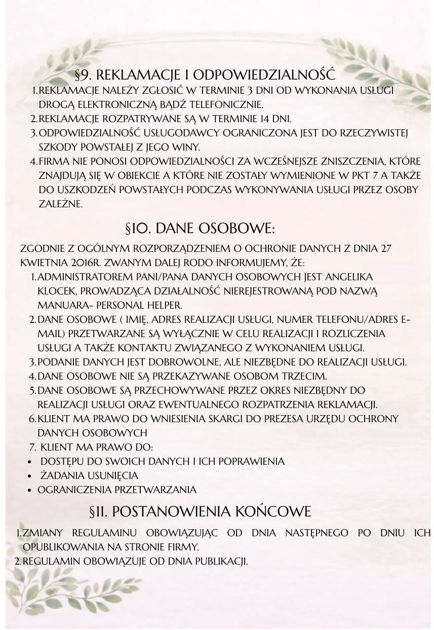 Dokument z tekstem prawnym dotyczącym reklamacji, danych osobowych i postanowień końcowych, ozdobiony delikatnymi motywami roślinnymi w tle.