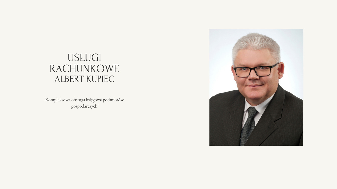 Usługi rachunkowe Albert Kupiec: kompleksowa obsługa księgowa z portretem księgowego w garniturze, na jasnym tle.