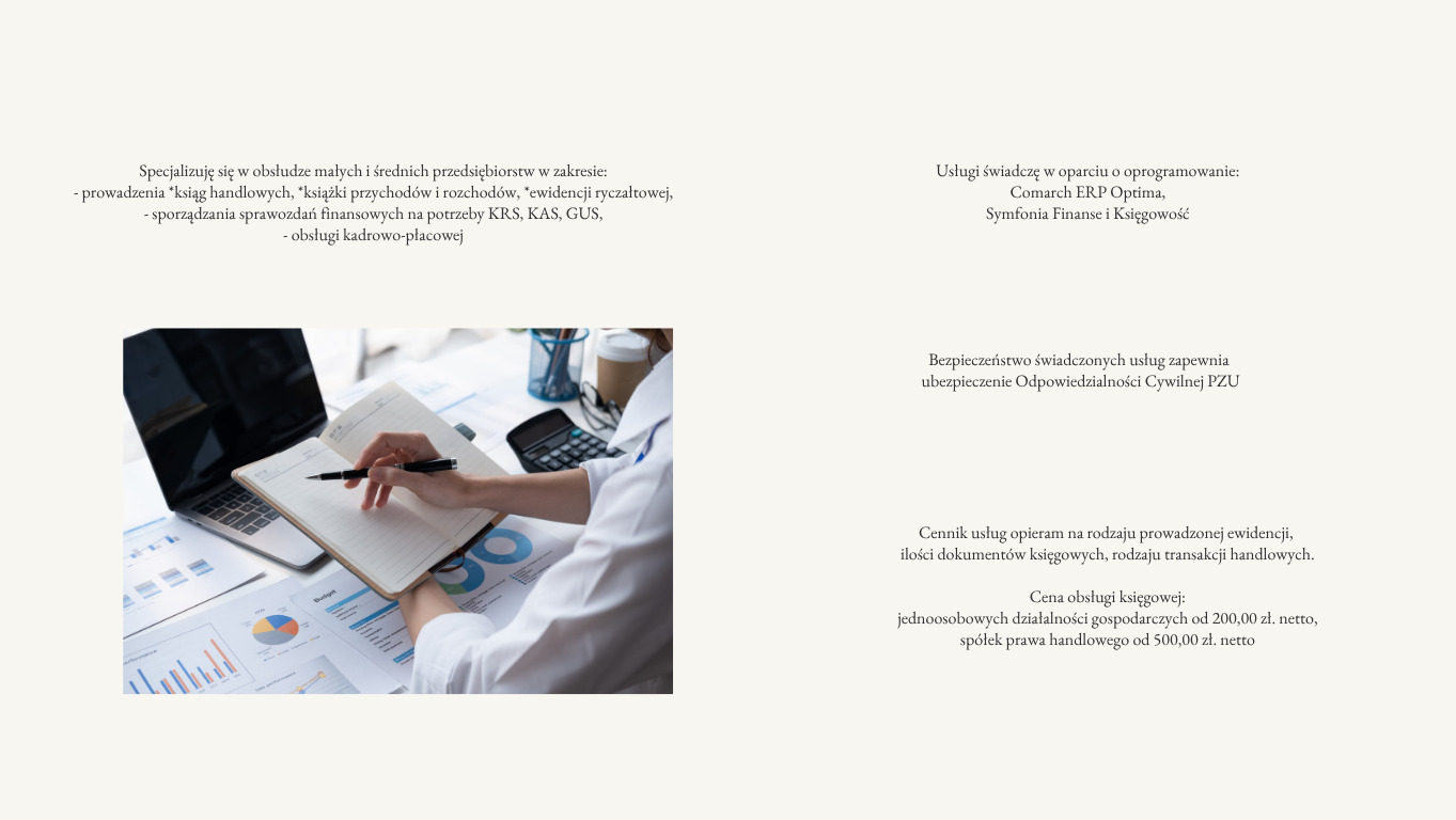 Kobieta notuje w kalendarzu przy laptopie i kalkulatorze, obok wykresy. Scena biurowa, sugerująca usługi księgowe lub doradcze dla firm.