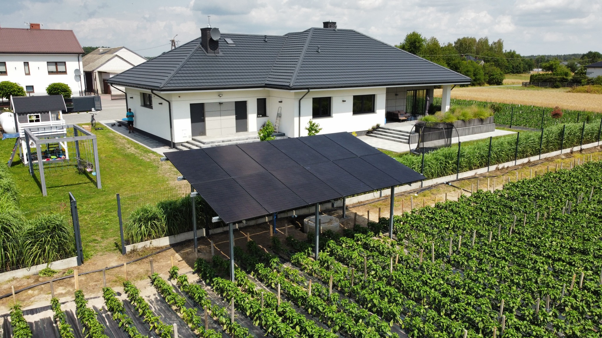 Panel fotowoltaiczny nad uprawą warzyw przy nowoczesnym domu z szarą dachówką, widok z góry. Nietypowe umiejscowienie instalacji.