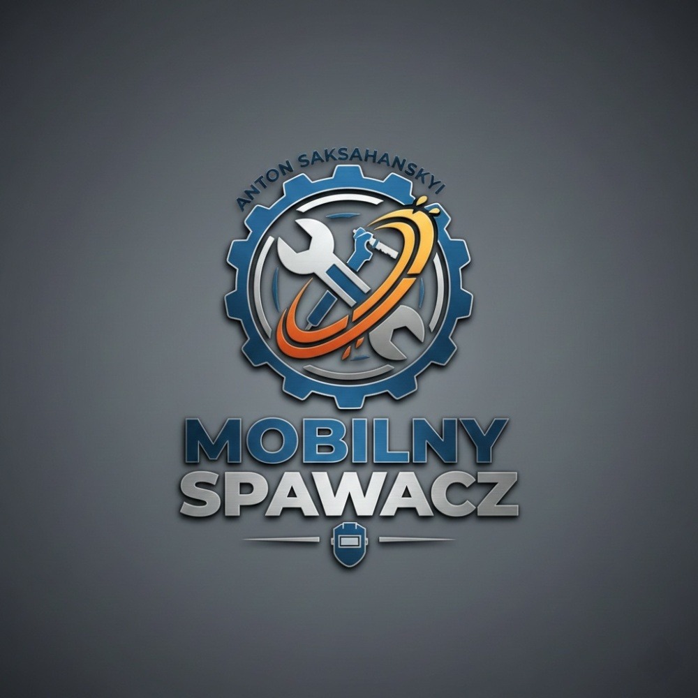 Logo firmy 'Mobilny Spawacz' z narzędziami w kole zębatym i imieniem 'Anton Saksahanskyi' na szarym tle. Grafika w stylu 3D.