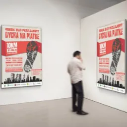 Dwa plakaty reklamowe wiszące na białej ścianie galerii, informujące o górskim biegu przełajowym 'Dycha na Piątkę', format A3, z sylwetką buta i panoramą miasta, oglądane przez przechodzącego...