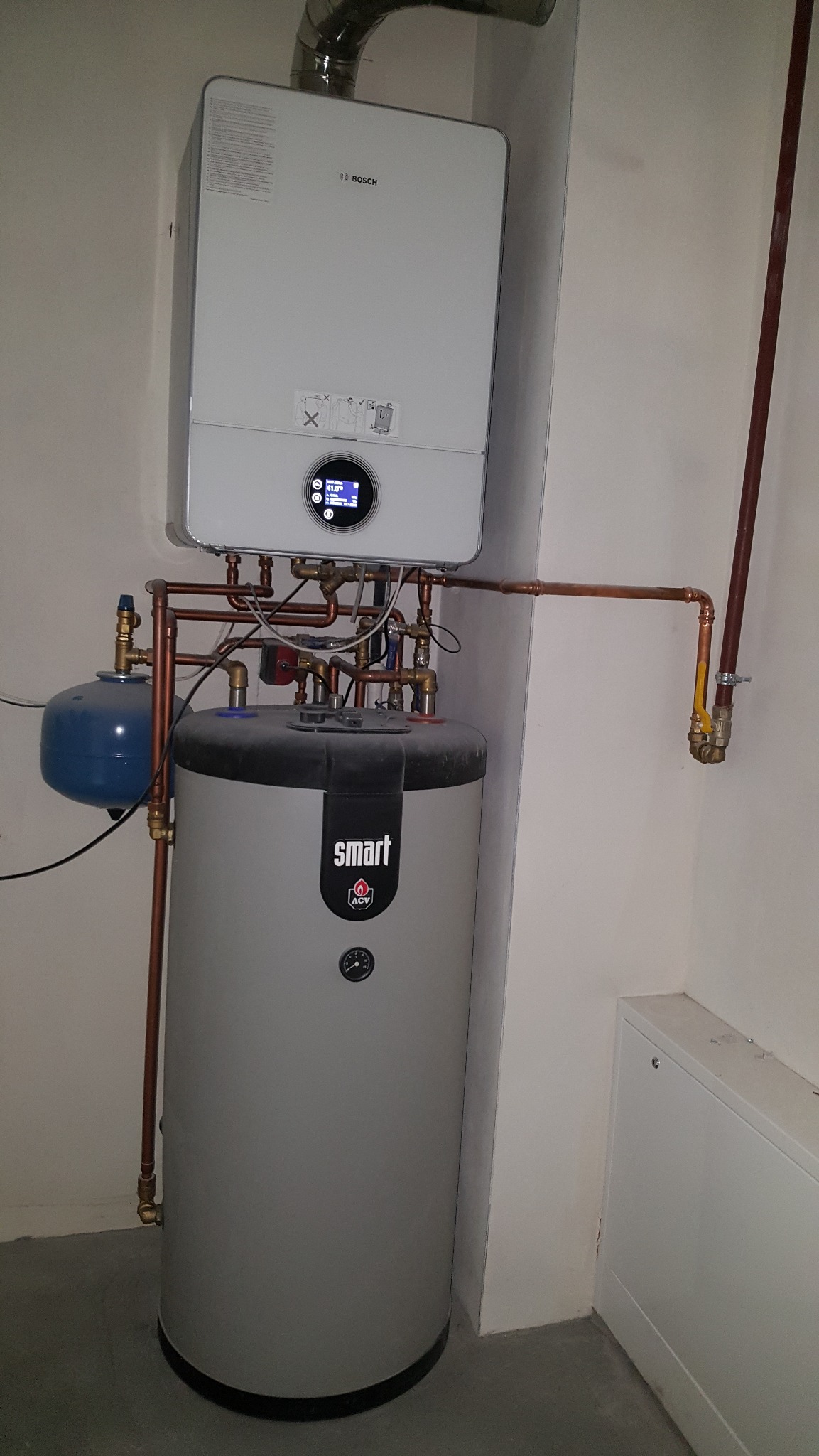 Nowoczesny piec gazowy Bosch z zasobnikiem ACV Smart, połączony miedzianymi rurami. Instalacja w kotłowni z szarym betonem na podłodze i białymi ścianami.