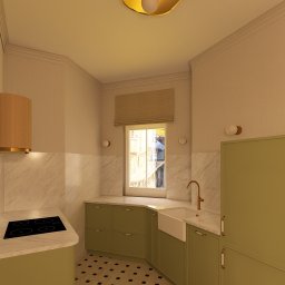 Pracownia projektowania wnętrz Olga Kucharzewska - Kompaktowa kuchnia w odcieniach zieleni i bieli, z marmurowymi akcentami i geometryczną podłogą. Widok na okno z roletą rzymską i nowoczesne oświetlenie.