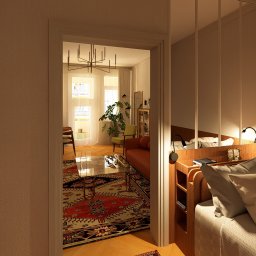 Nowoczesna sypialnia z widokiem na salon przez otwarte drzwi. Wnętrze w ciepłych barwach, z wzorzystą szafą i lampkami nocnymi. Widoczny dywan z orientalnym motywem.