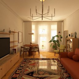 Salon z pomarańczową sofą, drewnianymi meblami i wzorzystym dywanem. Widok na okno z zasłonami i okrągły stół z krzesłami. Nowoczesny żyrandol.