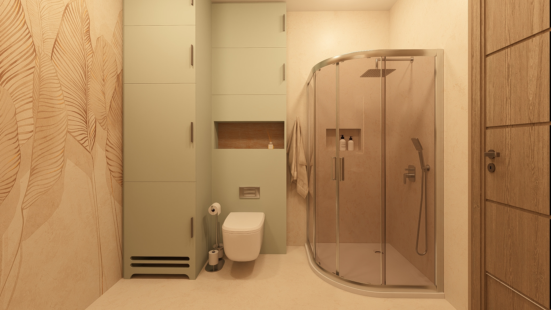 Kompaktowa łazienka w odcieniach beżu i zieleni z kabiną prysznicową, toaletą i wysoką szafką. Na ścianie dekoracyjny wzór liści. Minimalistyczny design.
