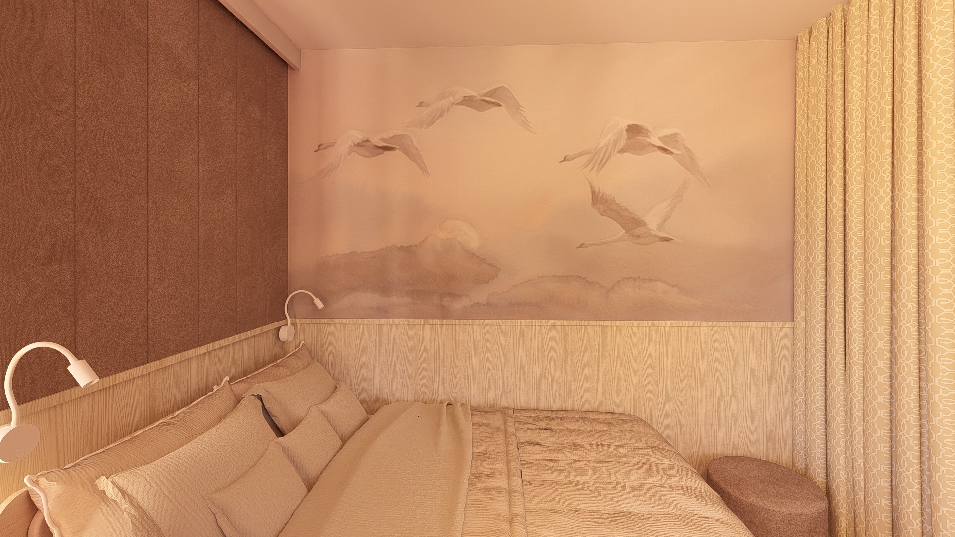 Sypialnia w odcieniach beżu z tapetą w motywie lecących łabędzi, drewnianym panelem ściennym i zasłonami w geometryczny wzór. Oświetlenie punktowe.