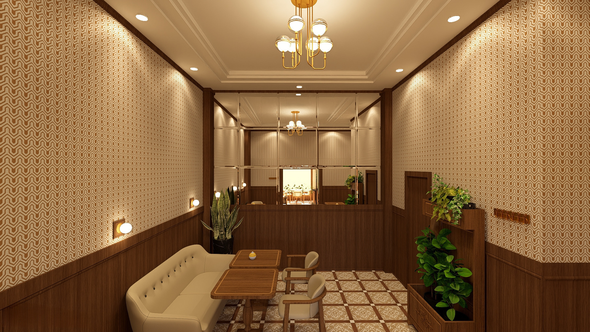 Retro kawiarnia z kremową sofą, drewnianymi stolikami i wzorzystą tapetą. Lustro na ścianie odbija wnętrze. Oświetlenie punktowe i dekoracyjne rośliny.