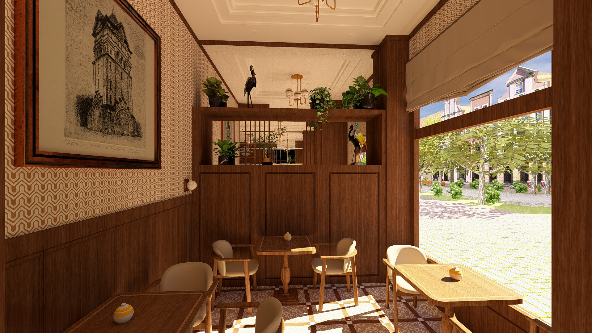 Wnętrze kawiarni w stylu retro z drewnianymi panelami, stolikami i krzesłami. Na ścianie grafika przedstawiająca budynek. Widok na ulicę przez okno.