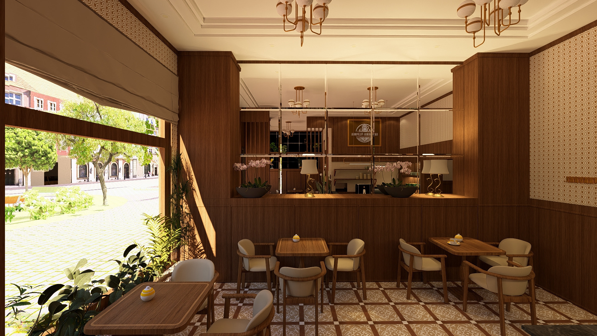 Wnętrze kawiarni w stylu retro z drewnianymi panelami, stolikami i krzesłami. Duże okno z widokiem na zieleń. Lustrzane panele na ścianie odbijają wnętrze.