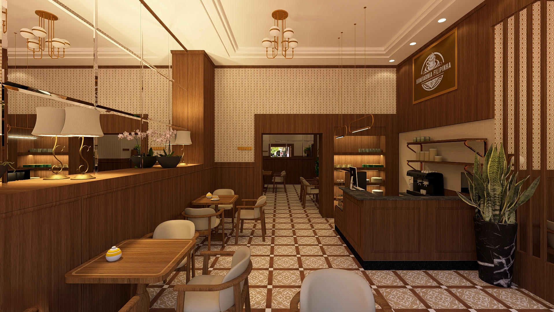 Wnętrze kawiarni w stylu retro z drewnianymi meblami, wzorzystą podłogą i dekoracyjnym oświetleniem. Widoczny bar z ekspresem do kawy i rośliną doniczkową.