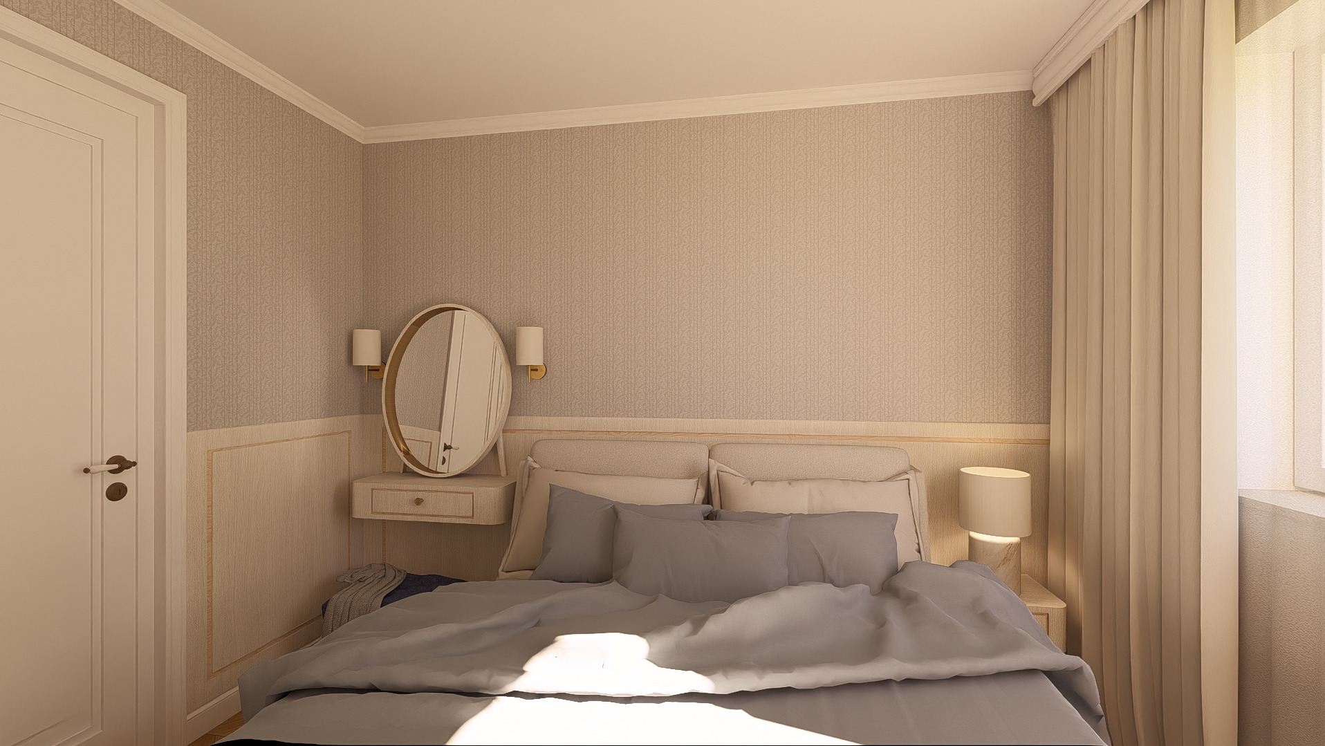Elegancka sypialnia w beżach: łóżko z szarą pościelą, toaletka z owalnym lustrem i lampki ścienne. Subtelne wzory na tapecie i jasne zasłony.
