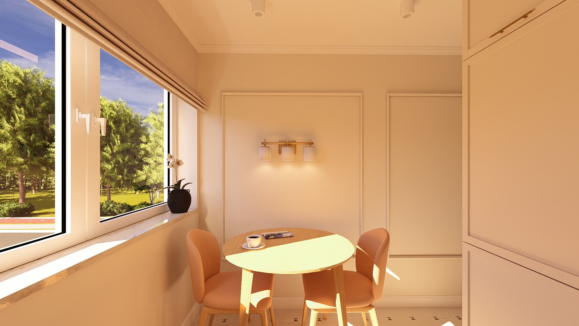 Elegancka jadalnia w mieszkaniu: okrągły stół z kawą i gazetą, dwie krzesła w odcieniach brzoskwini, widok na zieleń za oknem, minimalistyczna lampa ścienna.