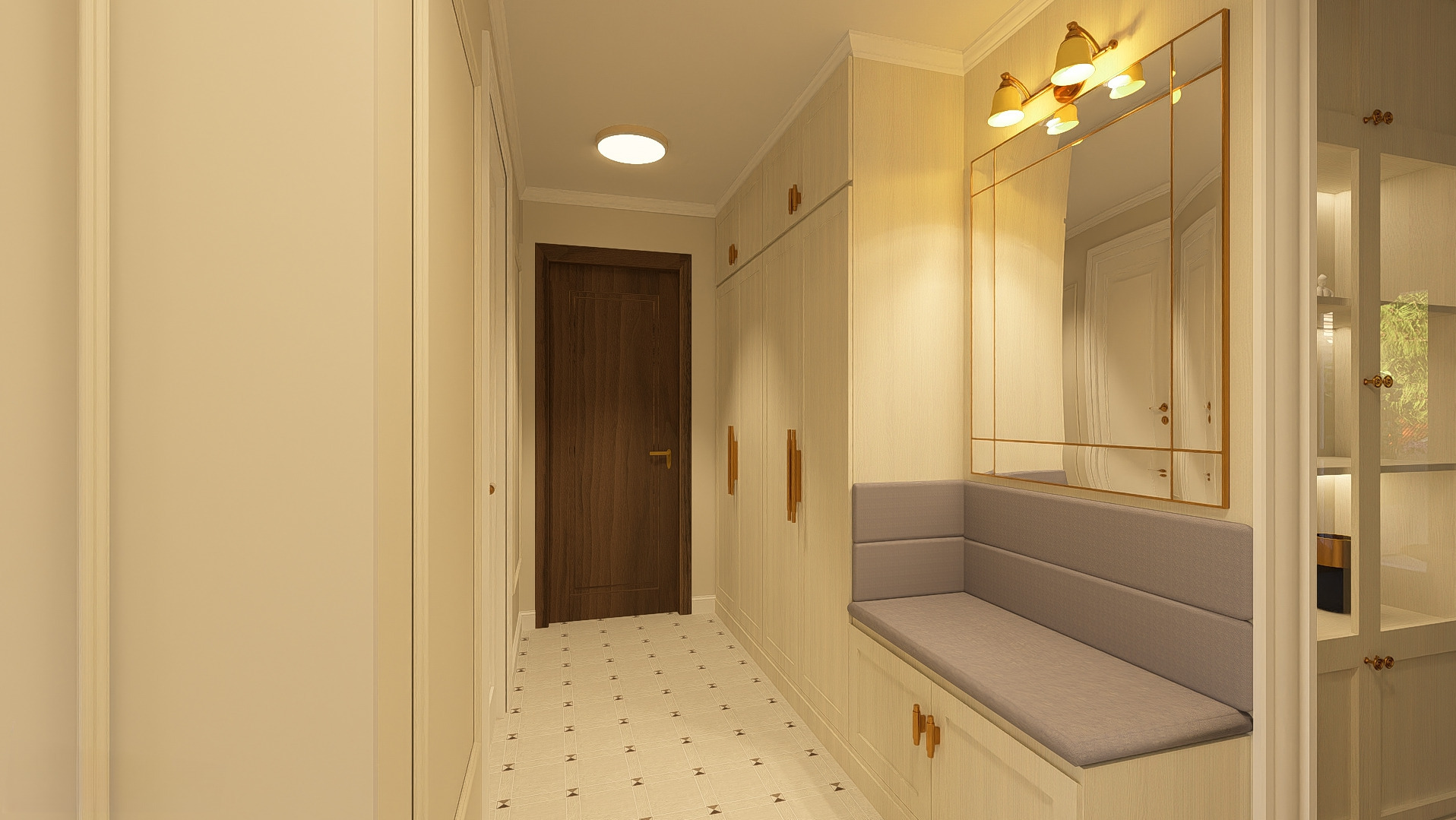 Elegancki przedpokój z zabudową szaf, siedziskiem pod lustrem w złotej ramie i wzorzystą podłogą. Ciepłe oświetlenie podkreśla jasną kolorystykę wnętrza.