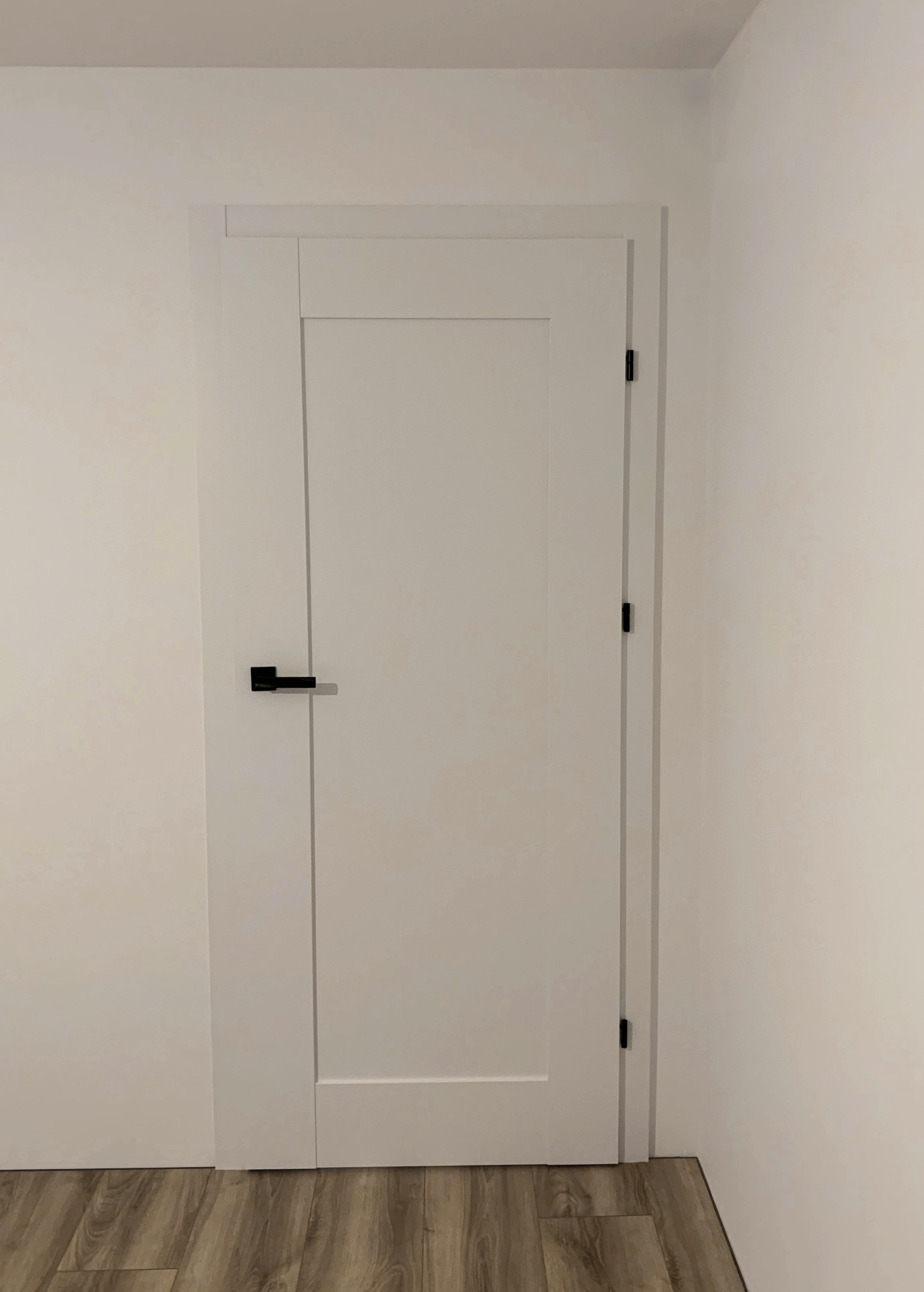 Białe, minimalistyczne drzwi wewnętrzne z czarną klamką i zawiasami, zamontowane w jasnym pomieszczeniu z panelami podłogowymi.