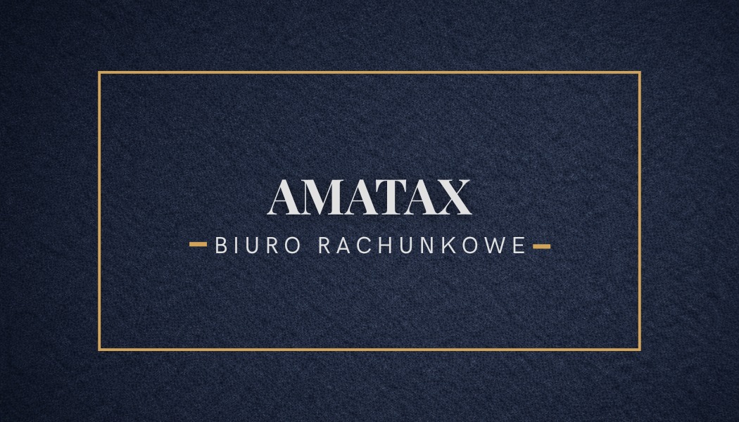 Logo firmy AMATAX Biuro Rachunkowe na ciemnym tle z ramką. Elegancki branding dla usług księgowych i finansowych. Minimalistyczny design.
