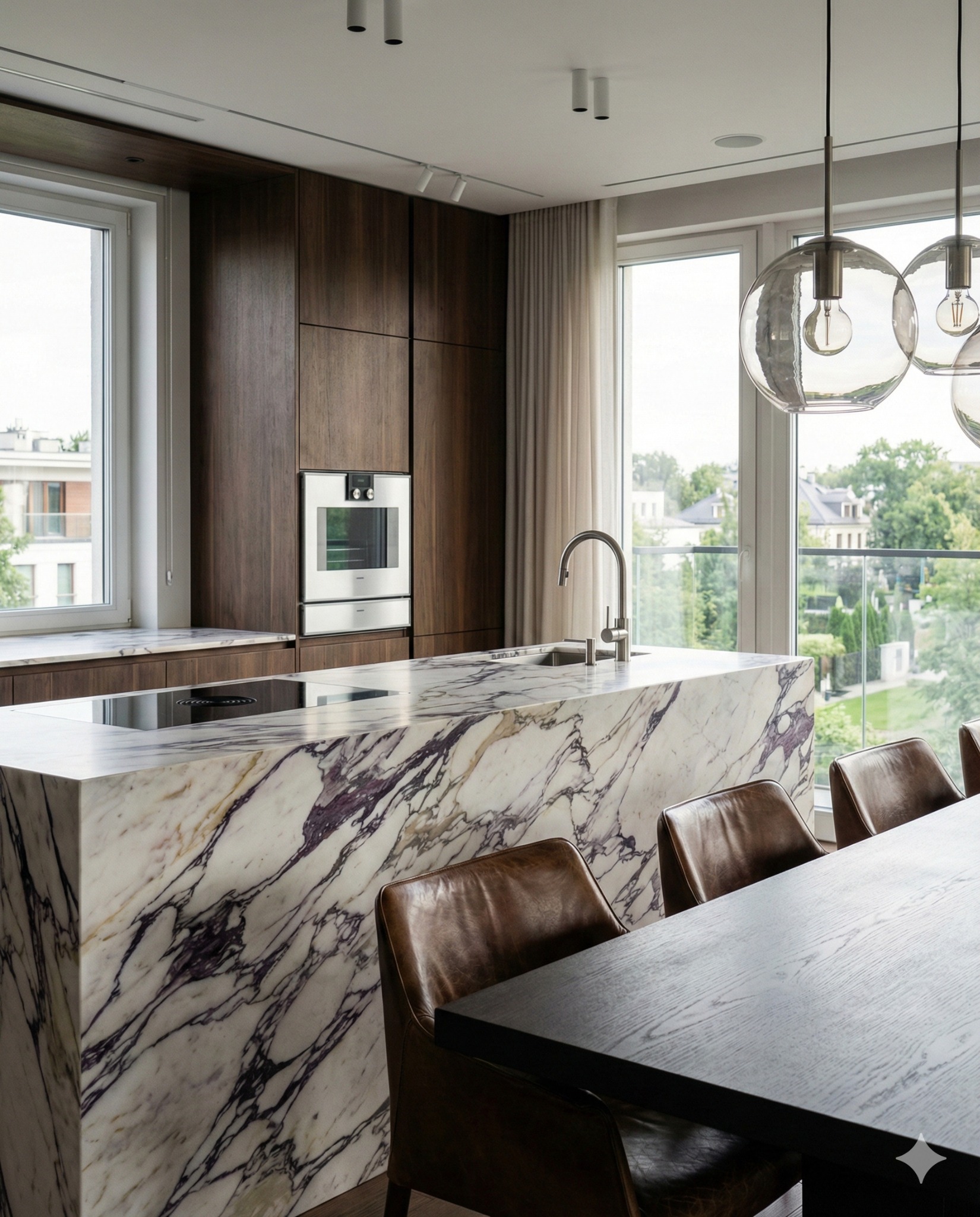Nowoczesna kuchnia z wyspą z marmuru Lilac, drewnianymi szafkami i widokiem na zieleń za oknem. Minimalistyczne lampy wiszące nad stołem.