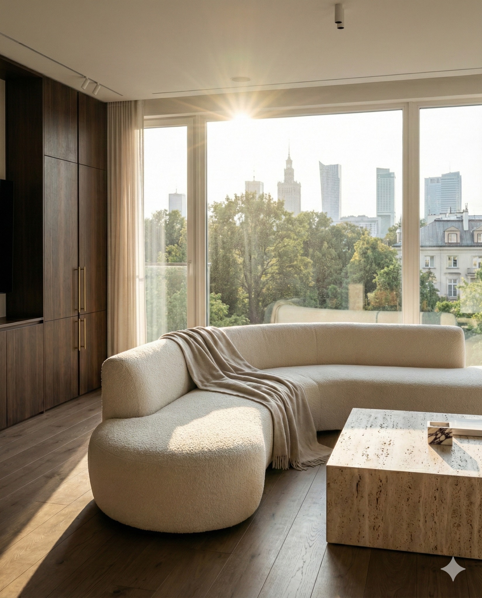 Jasny salon z narożną sofą boucle i stolikiem z trawertynu. Za oknem widok na panoramę miasta w słoneczny dzień. Parkiet z ciemnego drewna.