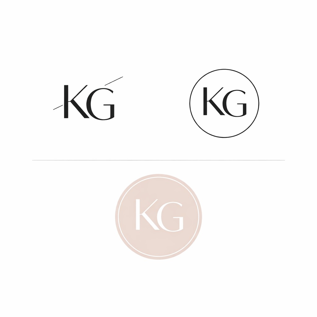 Trzy warianty minimalistycznego logo 'KG' na białym tle: z przekreśleniem, w okręgu i w pastelowym okręgu. Elegancki design, czcionka bezszeryfowa.