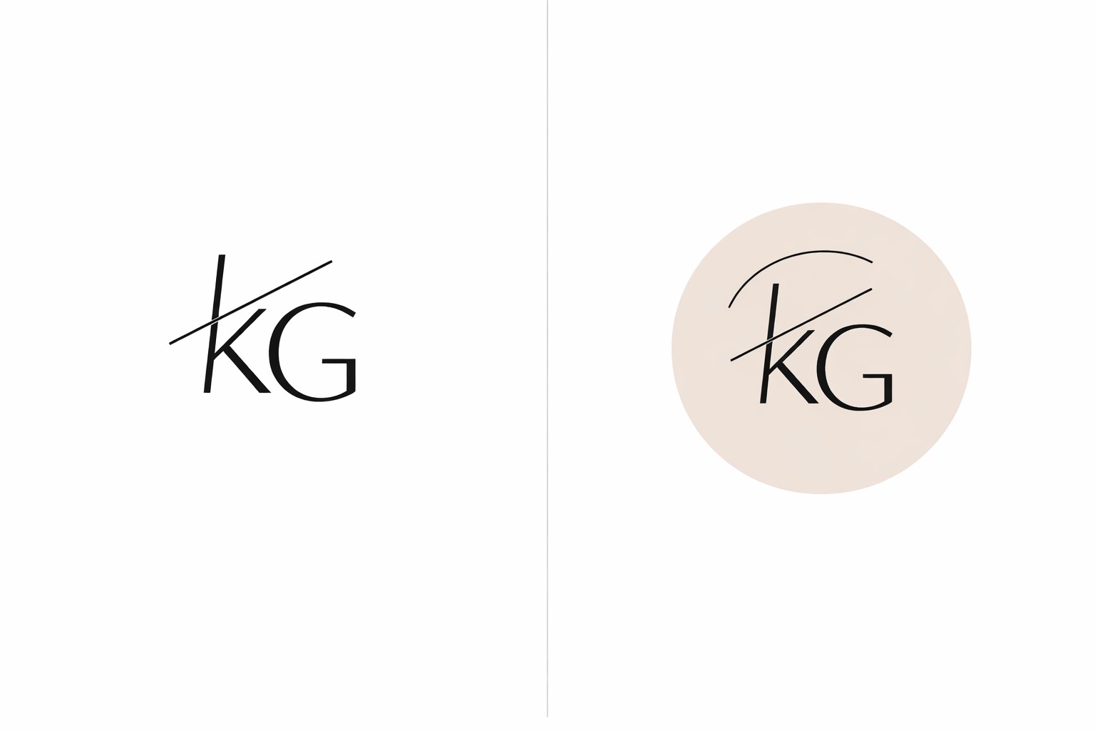 Eleganckie logo 'KG' w dwóch wariantach: czarny na białym tle i w beżowym okręgu. Minimalistyczny design od grafika ze Świecia. Nowoczesny branding.