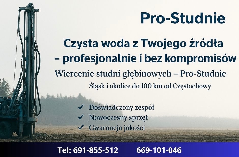 Wiertnica do studni głębinowych firmy Pro-Studnie z Mstowa. Czysta woda z Twojego źródła - profesjonalnie i bez kompromisów. Doświadczony zespół i nowoczesny sprzęt.