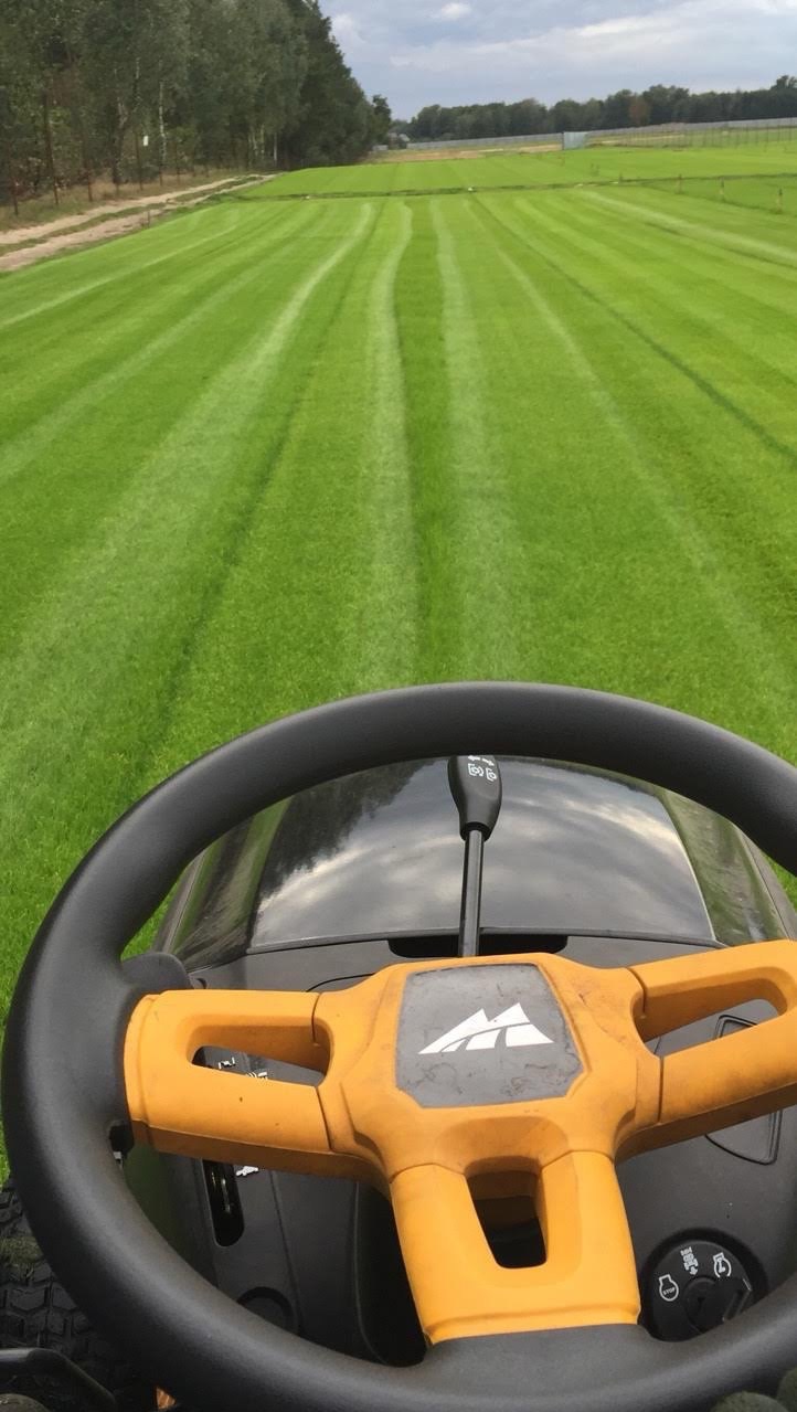 Widok z perspektywy operatora kosiarki na idealnie przystrzyżony trawnik z wyraźnymi pasami, sugerujący profesjonalne koszenie trawy.