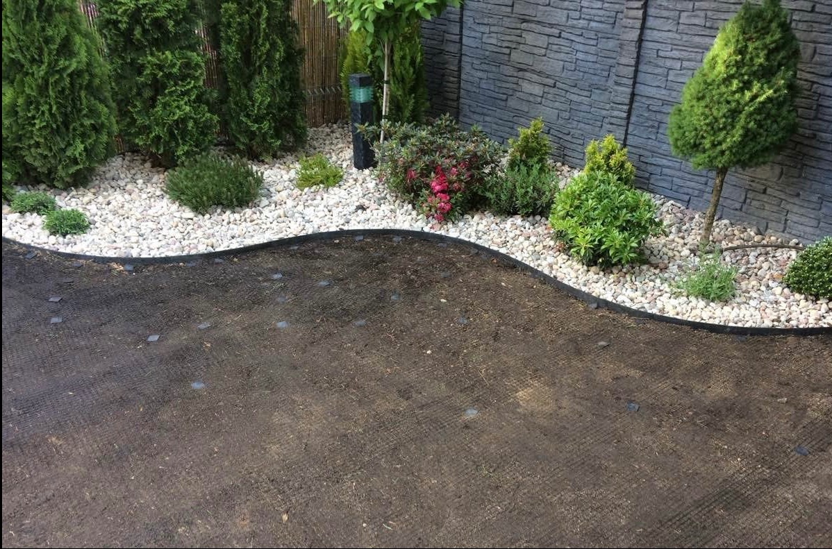 Przygotowany teren pod trawnik z rolki, obrzeża z tworzywa, białe kamienie ozdobne, tuje i krzewy przy szarym, kamiennym murku.