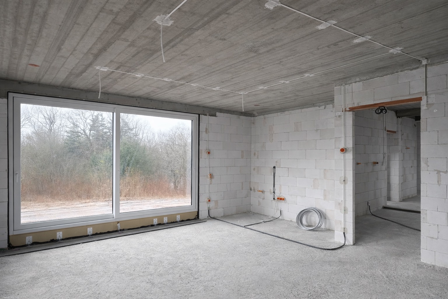 Surowy stan wnętrza z oknem, widoczne przewody elektryczne na ścianach i suficie, puszki instalacyjne. Ściany z białego betonu komórkowego.