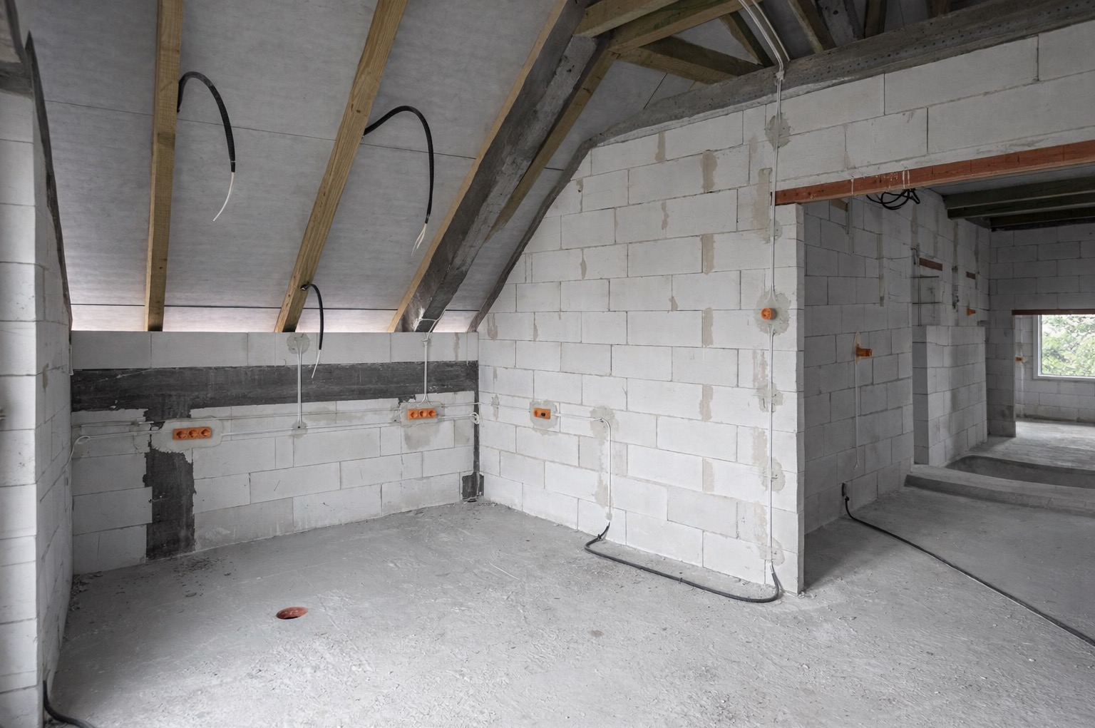 Surowy stan poddasza z widoczną instalacją elektryczną w ścianach z betonu komórkowego. Kable zwisają z drewnianej konstrukcji dachu. Pomarańczowe puszki elektryczne.