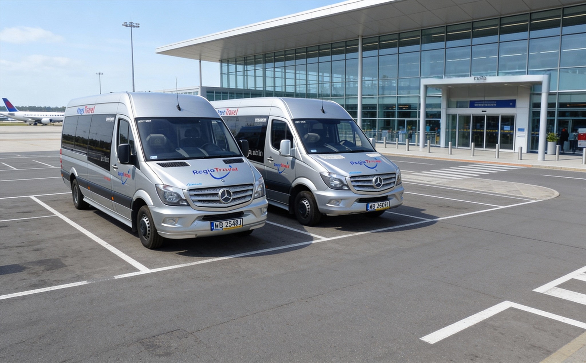 Dwa srebrne busy RegioTravel zaparkowane na parkingu lotniska, z widocznym terminalem i samolotem w tle. Mercedes-Benz Sprinter z logo firmy.