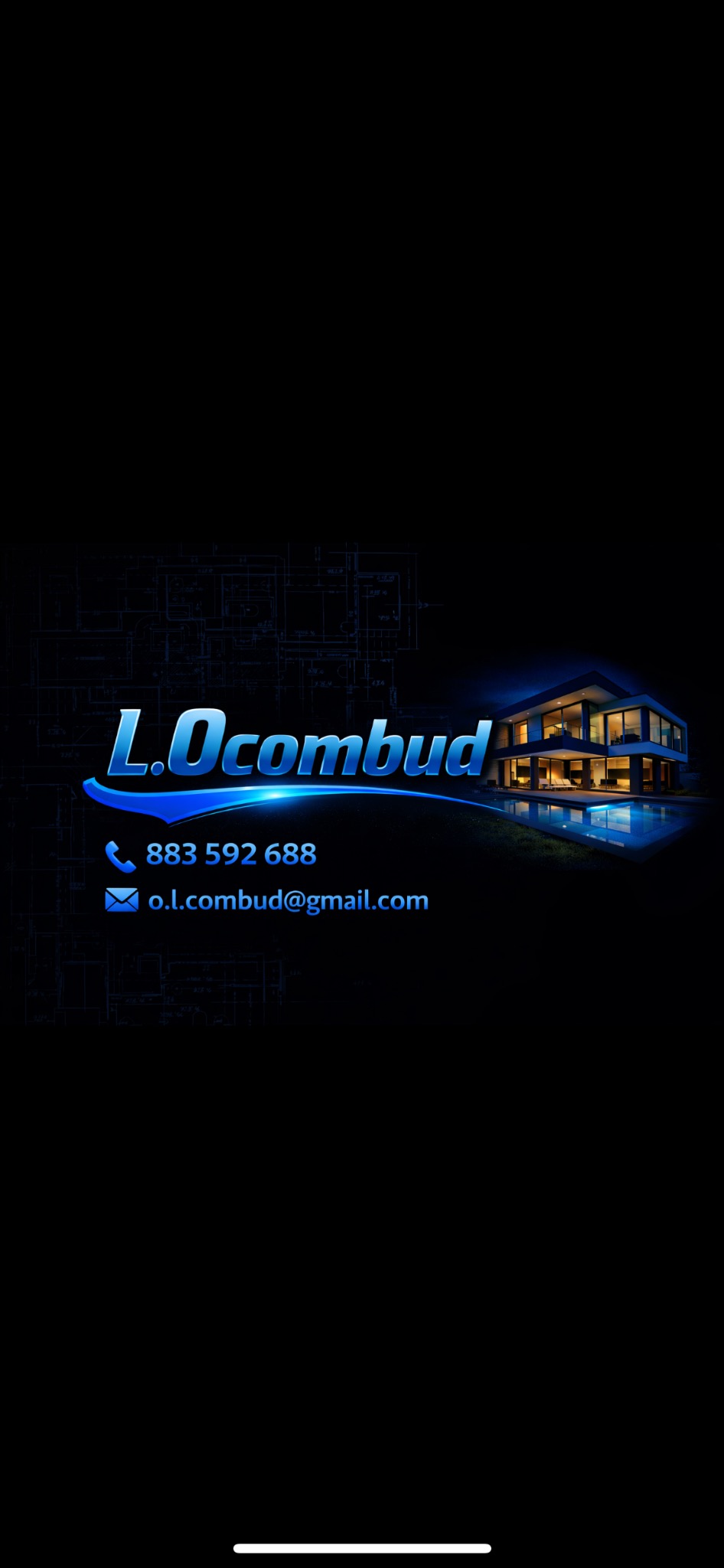 Grafika z nazwą firmy L. Ocombud, numerem telefonu i adresem e-mail na tle projektu domu z basenem i planami architektonicznymi w tle, utrzymana w ciemnej tonacji.