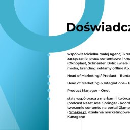 AGATA OLEJNICZAK-NOWAK - Slajd prezentacji z listą doświadczeń zawodowych, w tym współwłasność agencji kreatywnej, zarządzanie contentem i stanowiska w Burda Digital i Onet.