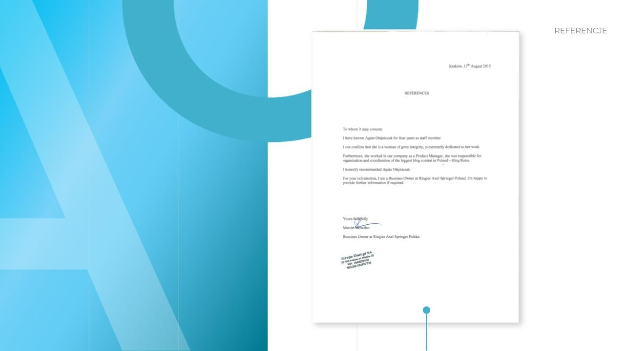 Skan referencji z 17 sierpnia 2015 roku, wystawionych przez Bussines Owner Ringier Axel Springer Polska dla Agaty Olejniczak, z logo Grupa Onet.pl SA w lewym dolnym rogu.