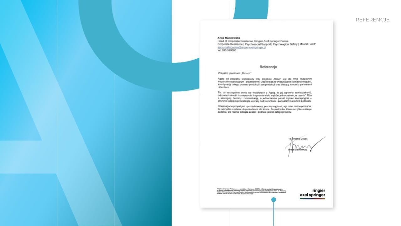 Referencje od Ringier Axel Springer Polska dla projektu podcastu 'Reset', podpisane przez Annę Malinowską, Head of Corporate Resilience.