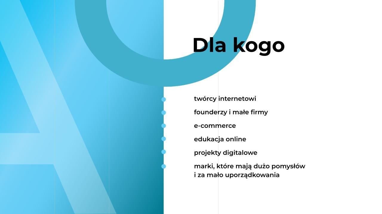 Grafika z tekstem 'Dla kogo', listą odbiorców (twórcy internetowi, firmy e-commerce) i abstrakcyjnym, błękitnym tłem. Układ minimalistyczny, czcionka bezszeryfowa.