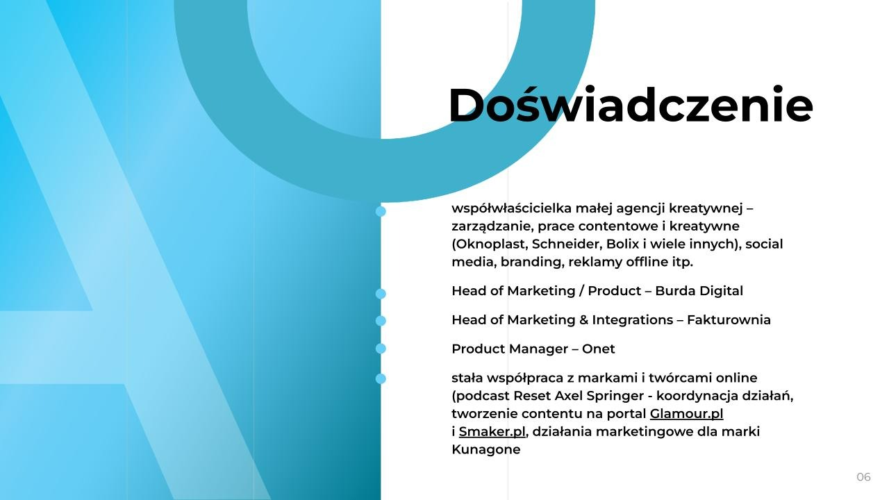 Slajd prezentacji z listą doświadczeń zawodowych, w tym współwłasność agencji kreatywnej, zarządzanie contentem i stanowiska w Burda Digital i Onet.